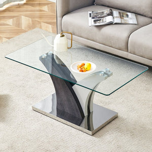 English Elm Rectangular Glass Top Coffee Table with Sculptural Two-tone Mdf Legs for Living Rooms W1151P216454