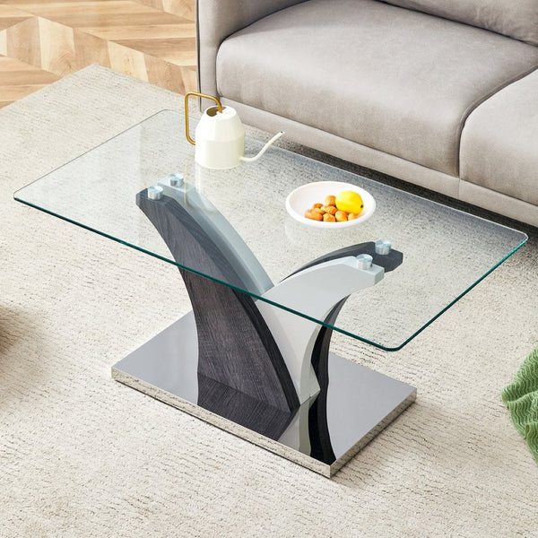 English Elm Rectangular Glass Top Coffee Table with Sculptural Two-tone Mdf Legs for Living Rooms W1151P216454