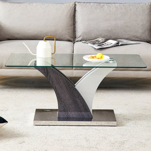 English Elm Rectangular Glass Top Coffee Table with Sculptural Two-tone Mdf Legs for Living Rooms W1151P216454