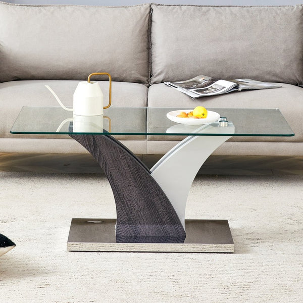 English Elm Rectangular Glass Top Coffee Table with Sculptural Two-tone Mdf Legs for Living Rooms W1151P216454