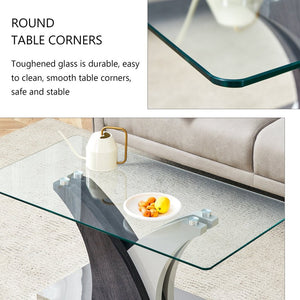 English Elm Rectangular Glass Top Coffee Table with Sculptural Two-tone Mdf Legs for Living Rooms W1151P216454