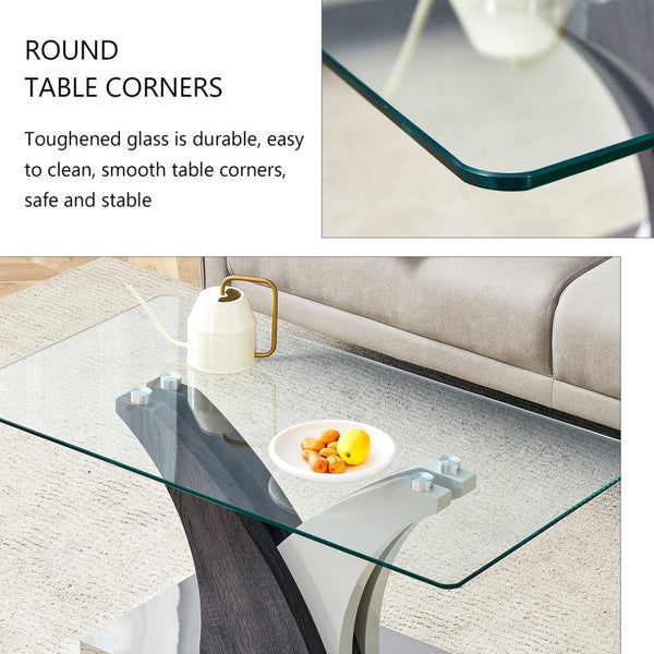 English Elm Rectangular Glass Top Coffee Table with Sculptural Two-tone Mdf Legs for Living Rooms W1151P216454