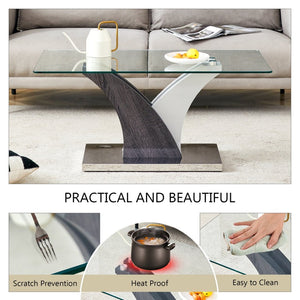 English Elm Rectangular Glass Top Coffee Table with Sculptural Two-tone Mdf Legs for Living Rooms W1151P216454