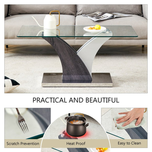 English Elm Rectangular Glass Top Coffee Table with Sculptural Two-tone Mdf Legs for Living Rooms W1151P216454