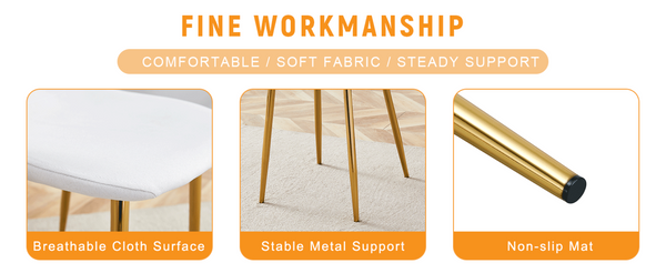 English Elm Luxury Linen Upholstered Dining Chair Set of 4 with Gold Metal Legs Modern Elegance White+Gold W1151P262610