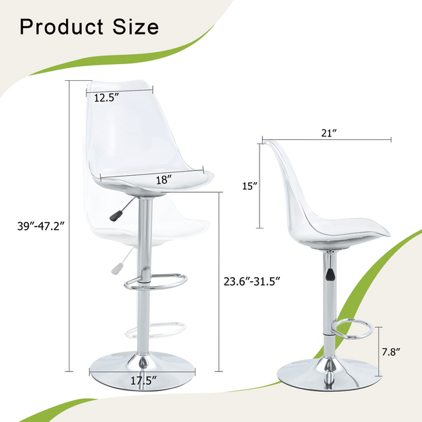 English Elm Modern Acrylic Swivel Barstools with White Pu Cushion Adjustable Height Set of Two W1151P263177