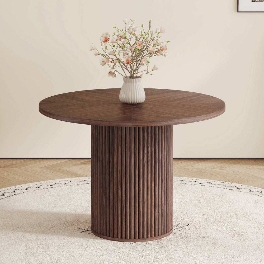 English Elm A Round Walnut Tone Dining Table with Fan Inlay Design and Sculptural Pedestal Base W1151P270613