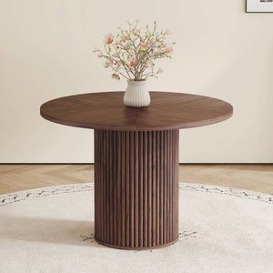English Elm A Round Walnut Tone Dining Table with Fan Inlay Design and Sculptural Pedestal Base W1151P270613