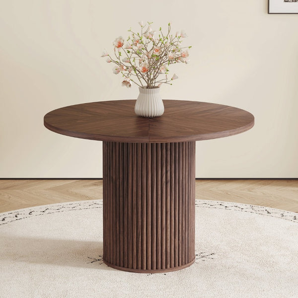 English Elm A Round Walnut Tone Dining Table with Fan Inlay Design and Sculptural Pedestal Base W1151P270613