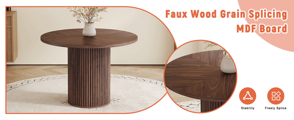 English Elm A Round Walnut Tone Dining Table with Fan Inlay Design and Sculptural Pedestal Base W1151P270613