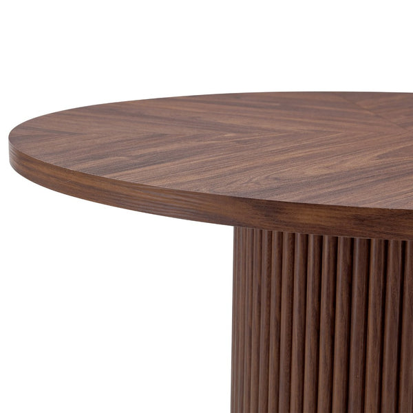 English Elm A Round Walnut Tone Dining Table with Fan Inlay Design and Sculptural Pedestal Base W1151P270613