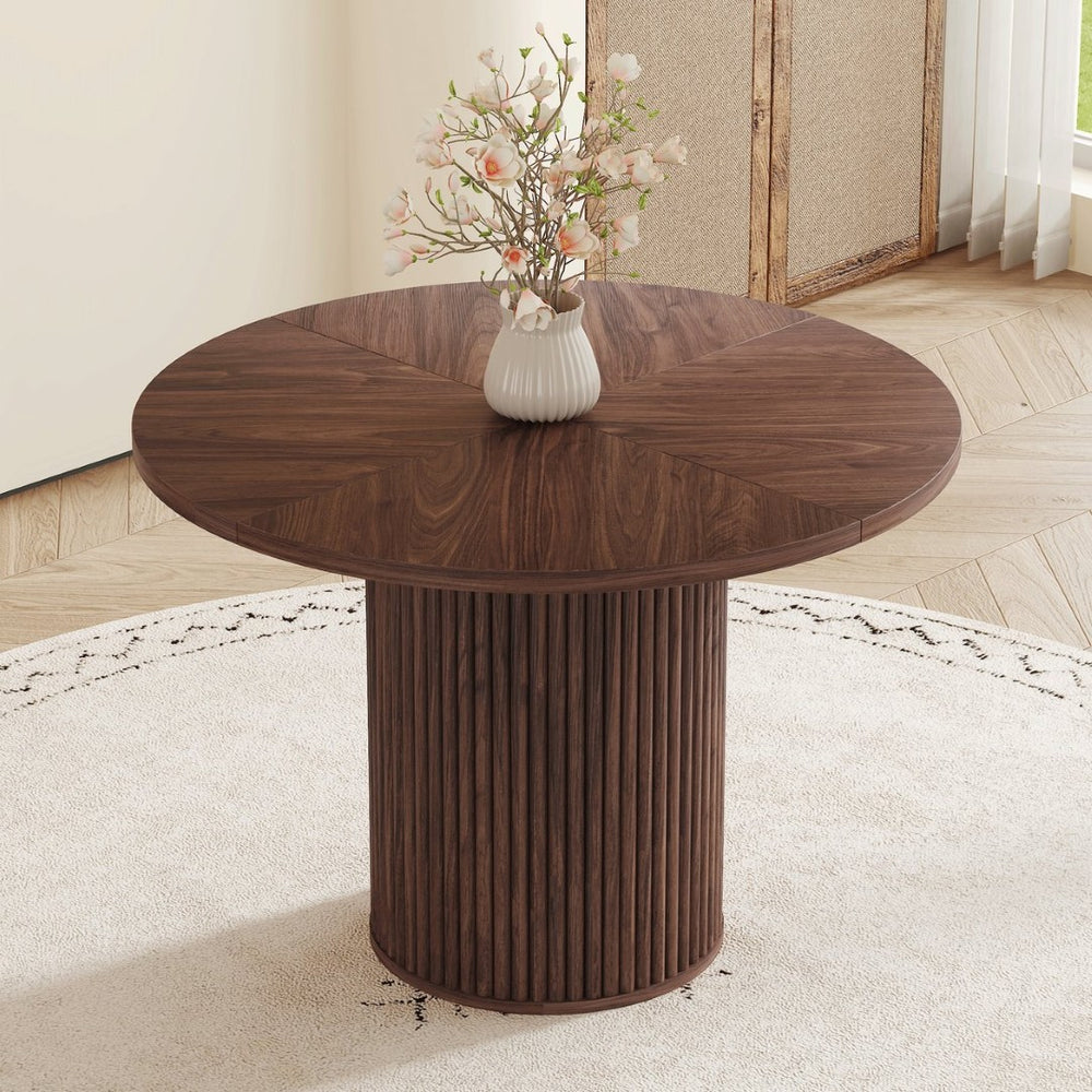 English Elm A Round Walnut Tone Dining Table with Fan Inlay Design and Sculptural Pedestal Base W1151P270613