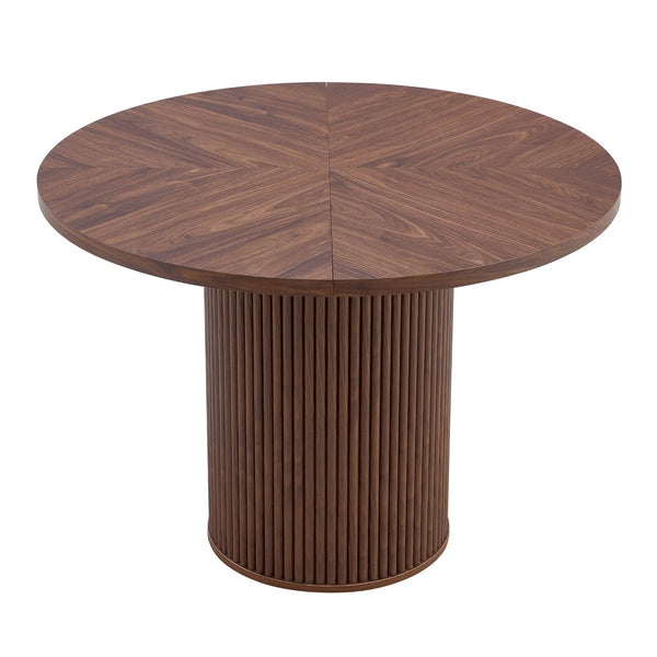English Elm A Round Walnut Tone Dining Table with Fan Inlay Design and Sculptural Pedestal Base W1151P270613