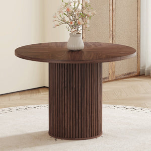 English Elm A Round Walnut Tone Dining Table with Fan Inlay Design and Sculptural Pedestal Base W1151P270613