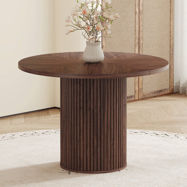 English Elm A Round Walnut Tone Dining Table with Fan Inlay Design and Sculptural Pedestal Base W1151P270613