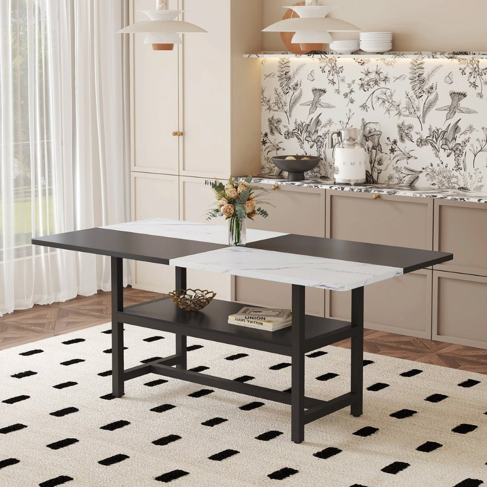 English Elm 71 Inch Two Tone MDF Dining Table with Steel Legs and Built in Storage Shelf for Six W1151P271534