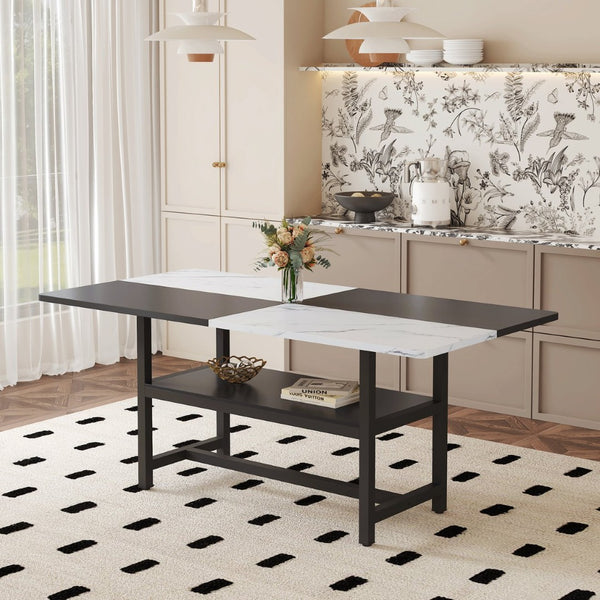 English Elm 71 Inch Two Tone MDF Dining Table with Steel Legs and Built in Storage Shelf for Six W1151P271534