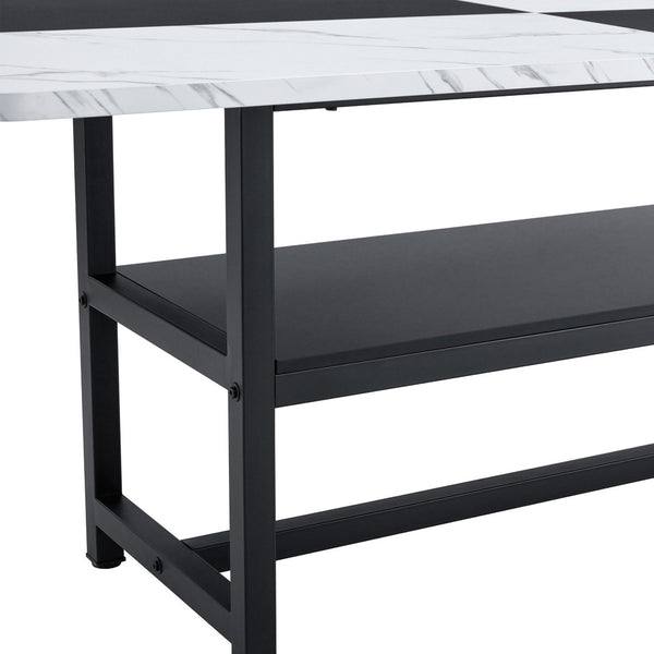 English Elm 71 Inch Two Tone MDF Dining Table with Steel Legs and Built in Storage Shelf for Six W1151P271534
