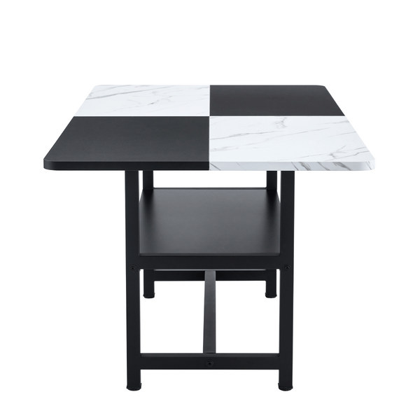 English Elm 71 Inch Two Tone MDF Dining Table with Steel Legs and Built in Storage Shelf for Six W1151P271534