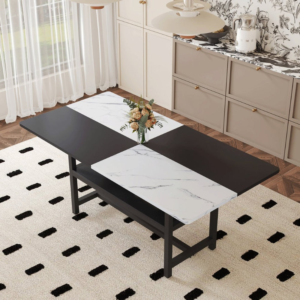 English Elm 71 Inch Two Tone MDF Dining Table with Steel Legs and Built in Storage Shelf for Six W1151P271534