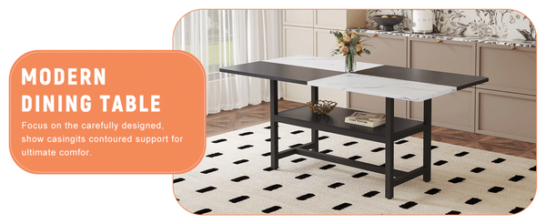 English Elm 71 Inch Two Tone MDF Dining Table with Steel Legs and Built in Storage Shelf for Six W1151P271534