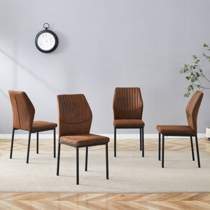 English Elm Luxury Set of 4 Dining Chairs Brown Faux Leather Vertical Stripe Black Metal Legs W1151P282697