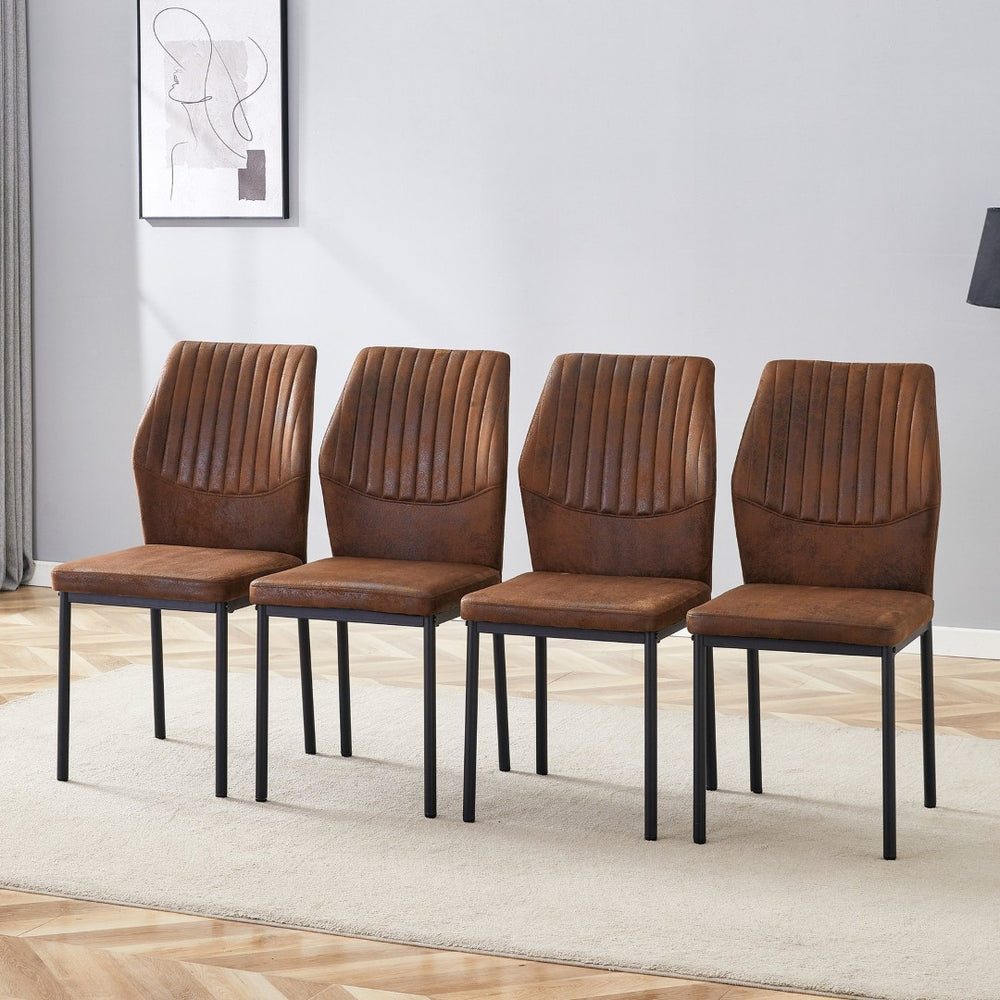 English Elm Luxury Set of 4 Dining Chairs Brown Faux Leather Vertical Stripe Black Metal Legs W1151P282697