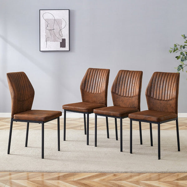 English Elm Luxury Set of 4 Dining Chairs Brown Faux Leather Vertical Stripe Black Metal Legs W1151P282697