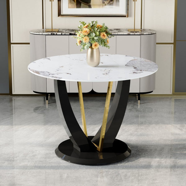 English Elm 42 Inch Round Tempered Glass Dining Table Marble Texture Top with V-shaped Mdf Base W1151P305446