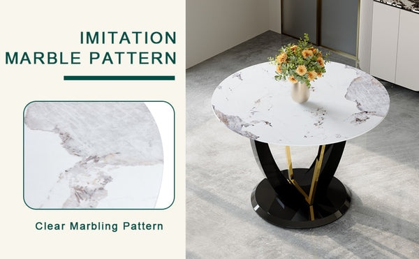 English Elm 42 Inch Round Tempered Glass Dining Table Marble Texture Top with V-shaped Mdf Base W1151P305446