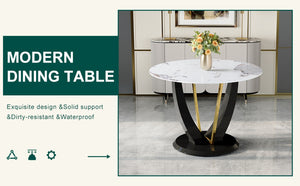 English Elm 42 Inch Round Tempered Glass Dining Table Marble Texture Top with V-shaped Mdf Base W1151P305446