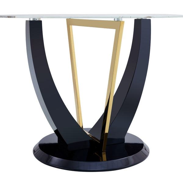 English Elm 42 Inch Round Tempered Glass Dining Table Marble Texture Top with V-shaped Mdf Base W1151P305446
