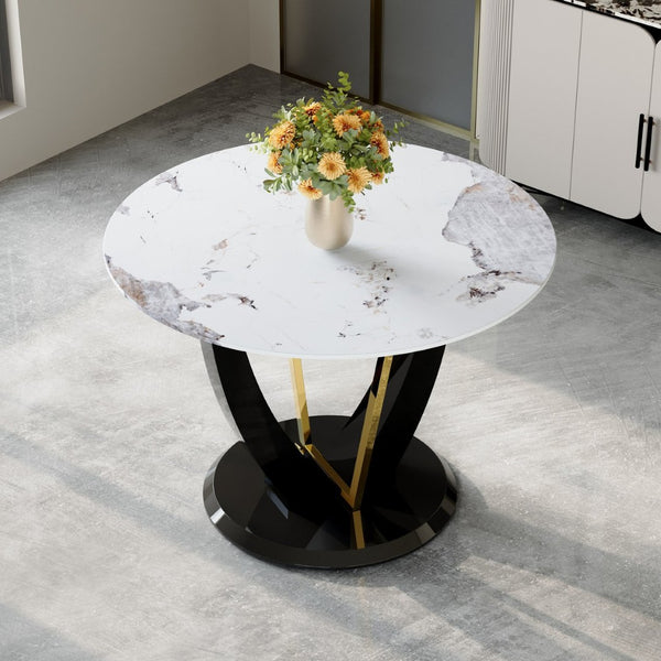 English Elm 42 Inch Round Tempered Glass Dining Table Marble Texture Top with V-shaped Mdf Base W1151P305446