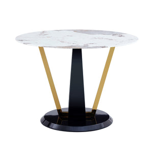 English Elm 42 Inch Round Tempered Glass Dining Table Marble Texture Top with V-shaped Mdf Base W1151P305446