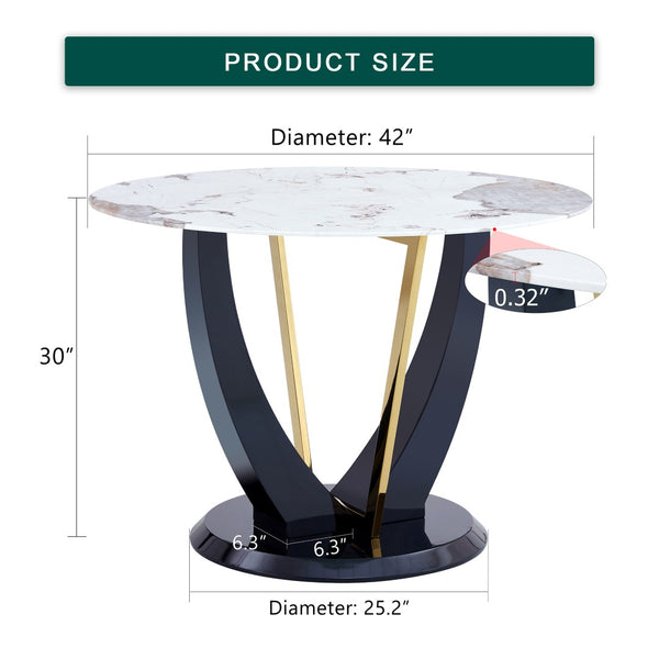 English Elm 42 Inch Round Tempered Glass Dining Table Marble Texture Top with V-shaped Mdf Base W1151P305446