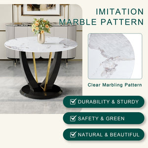 English Elm 42 Inch Round Tempered Glass Dining Table Marble Texture Top with V-shaped Mdf Base W1151P305446