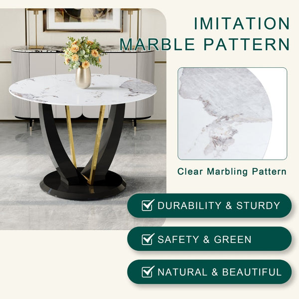 English Elm 42 Inch Round Tempered Glass Dining Table Marble Texture Top with V-shaped Mdf Base W1151P305446
