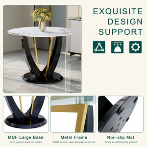 English Elm 42 Inch Round Tempered Glass Dining Table Marble Texture Top with V-shaped Mdf Base W1151P305446