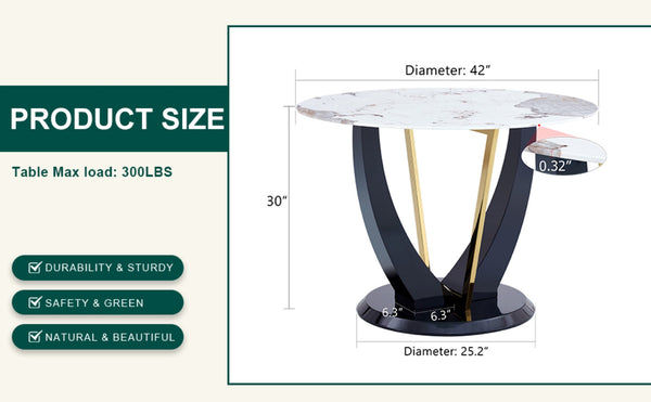 English Elm 42 Inch Round Tempered Glass Dining Table Marble Texture Top with V-shaped Mdf Base W1151P305446