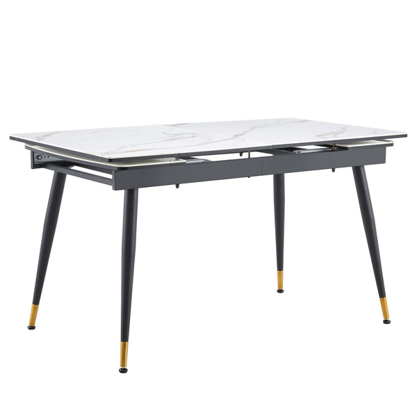 English Elm With Marble Pattern Top and Black Metal Legs This Extendable Dining Table Fits Any Space W1151P354672