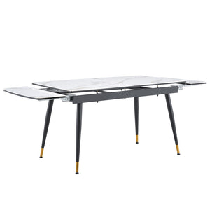 English Elm With Marble Pattern Top and Black Metal Legs This Extendable Dining Table Fits Any Space W1151P354672