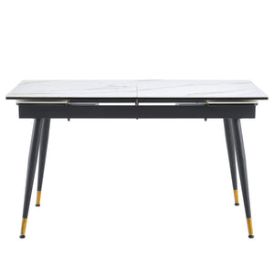 English Elm With Marble Pattern Top and Black Metal Legs This Extendable Dining Table Fits Any Space W1151P354672