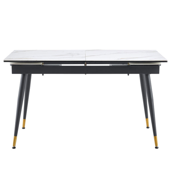 English Elm With Marble Pattern Top and Black Metal Legs This Extendable Dining Table Fits Any Space W1151P354672