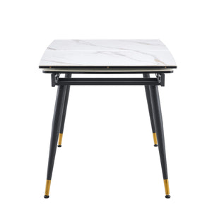 English Elm With Marble Pattern Top and Black Metal Legs This Extendable Dining Table Fits Any Space W1151P354672