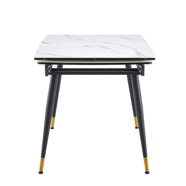 English Elm With Marble Pattern Top and Black Metal Legs This Extendable Dining Table Fits Any Space W1151P354672