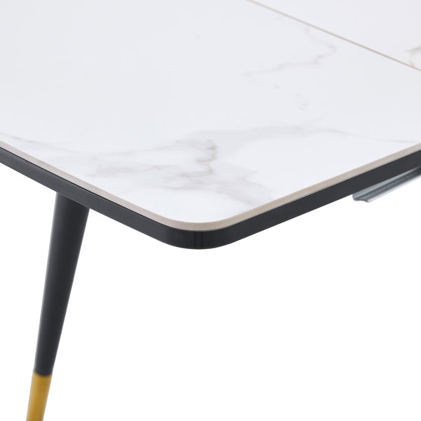 English Elm With Marble Pattern Top and Black Metal Legs This Extendable Dining Table Fits Any Space W1151P354672