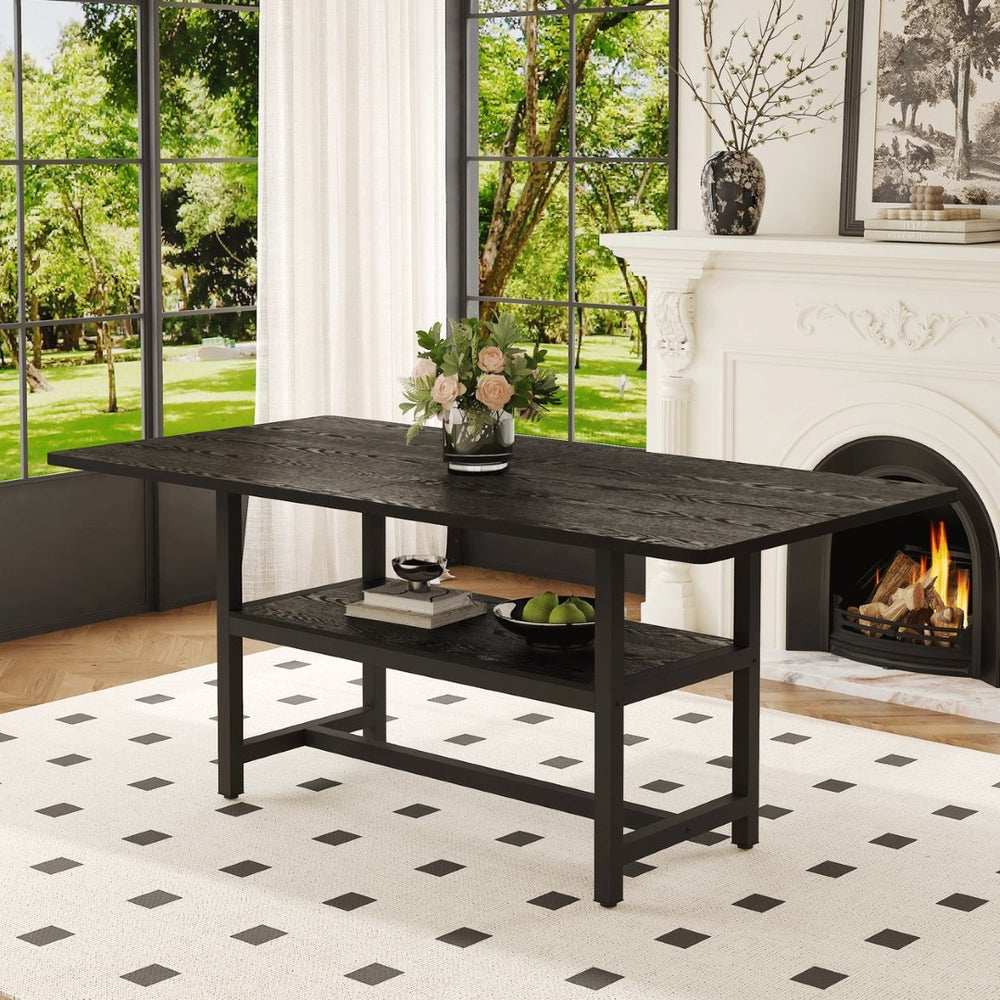 English Elm A 71 Inch Black Spliced MDF Dining Table with Lower Storage Shelf for Modern Spaces W1151P364853