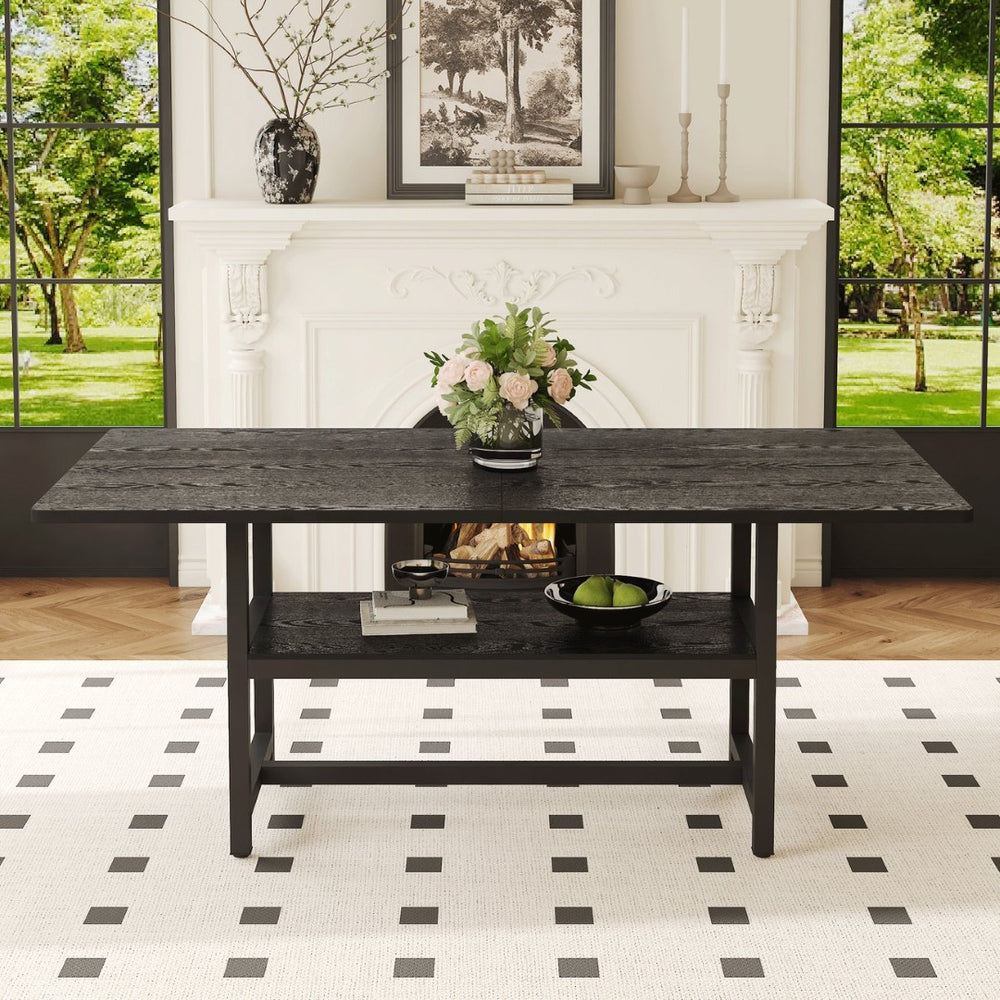 English Elm A 71 Inch Black Spliced MDF Dining Table with Lower Storage Shelf for Modern Spaces W1151P364853