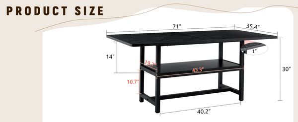 English Elm A 71 Inch Black Spliced MDF Dining Table with Lower Storage Shelf for Modern Spaces W1151P364853
