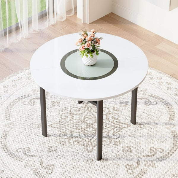 English Elm 42 Inch Round Dining Table White Mdf Gray Glass Inlay Metal Legs Seats Four to Six W1151P366359